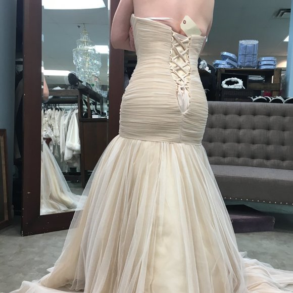 Sample Champagne Asymmetrical Ruched Fit & Flare Wedding Dress, Corset Laceup - Picture 11 of 12